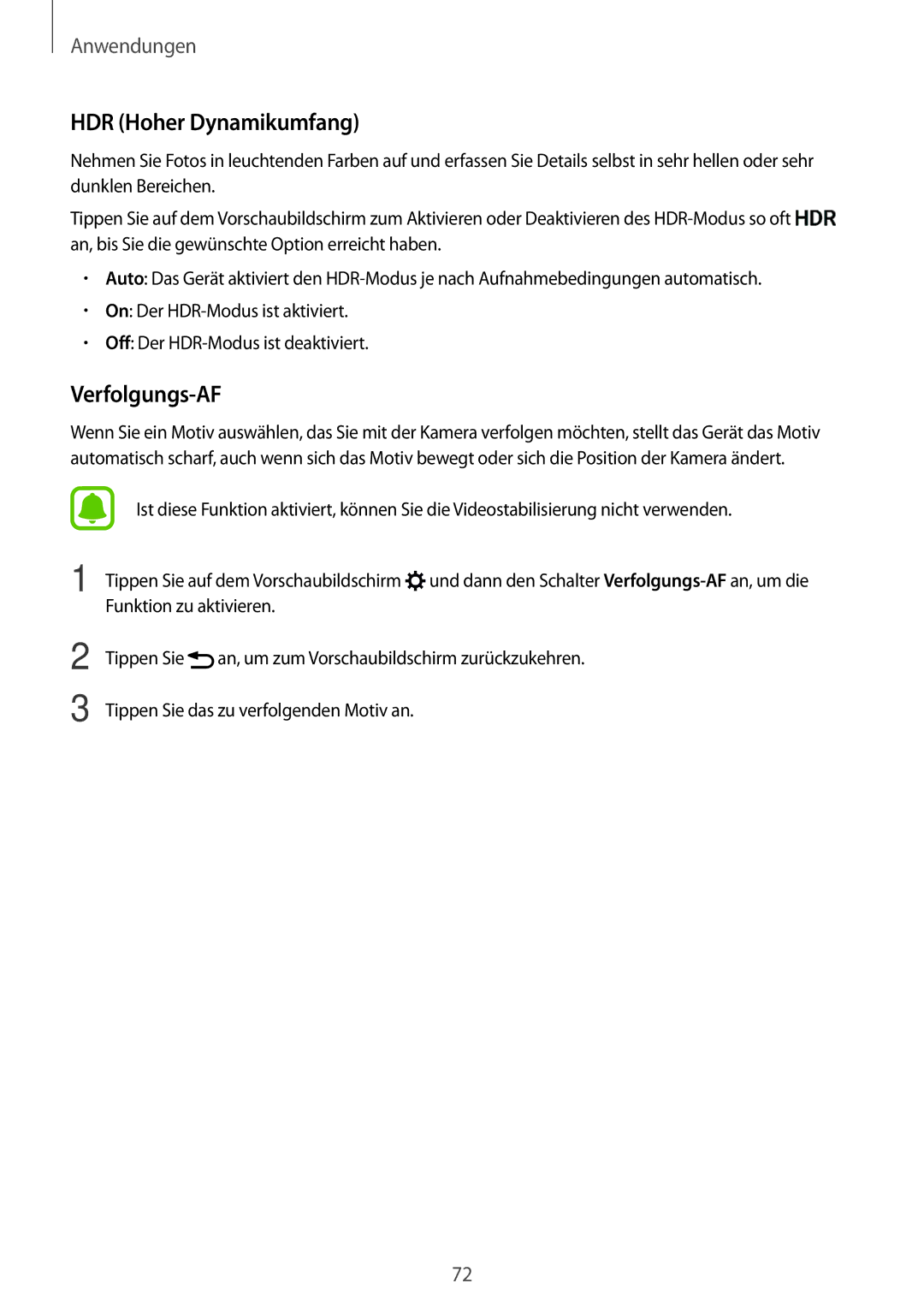 Samsung SM-G928FZKADBT, SM-G928FZSEDBT, SM-G928FZDADBT manual HDR Hoher Dynamikumfang, Verfolgungs-AF 