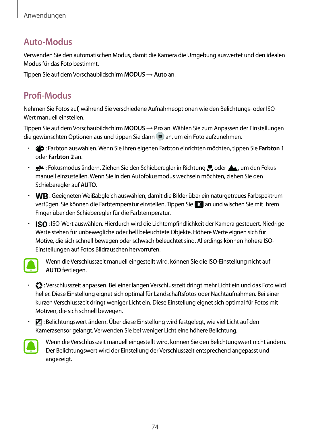 Samsung SM-G928FZDADBT, SM-G928FZKADBT, SM-G928FZSEDBT manual Auto-Modus, Profi-Modus 