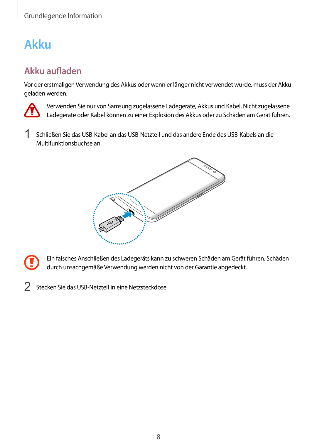 Samsung SM-G928FZDADBT, SM-G928FZKADBT, SM-G928FZSEDBT manual Akku aufladen 