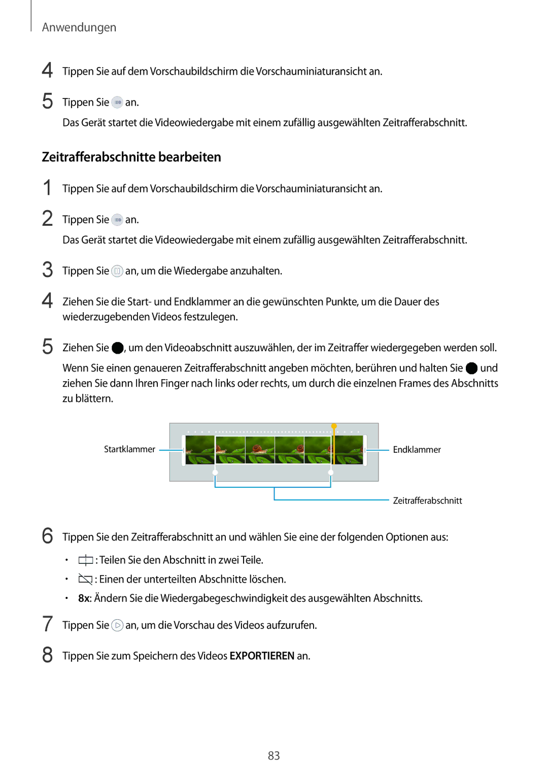 Samsung SM-G928FZDADBT, SM-G928FZKADBT, SM-G928FZSEDBT manual Zeitrafferabschnitte bearbeiten 