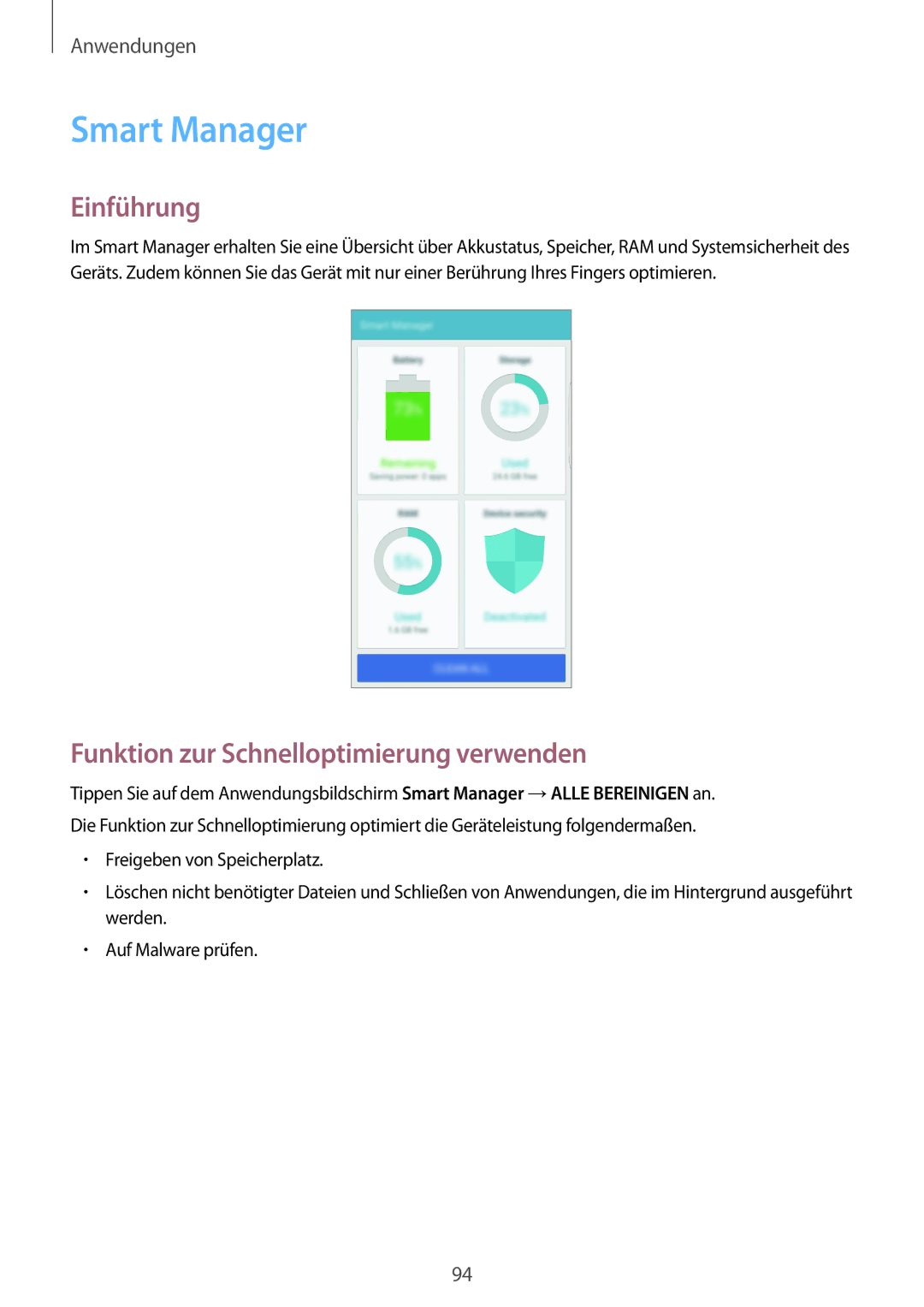 Samsung SM-G928FZSEDBT, SM-G928FZKADBT, SM-G928FZDADBT manual Smart Manager, Funktion zur Schnelloptimierung verwenden 