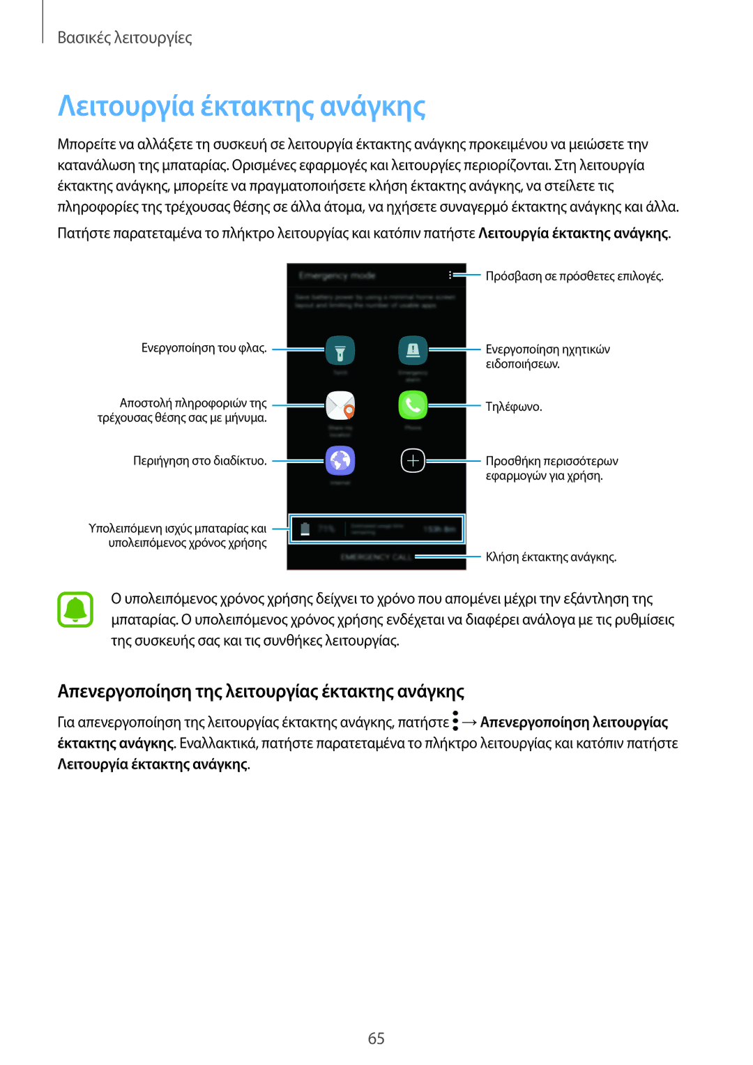 Samsung SM-G925FZDACYO, SM-G928FZKAEUR manual Λειτουργία έκτακτης ανάγκης, Απενεργοποίηση της λειτουργίας έκτακτης ανάγκης 