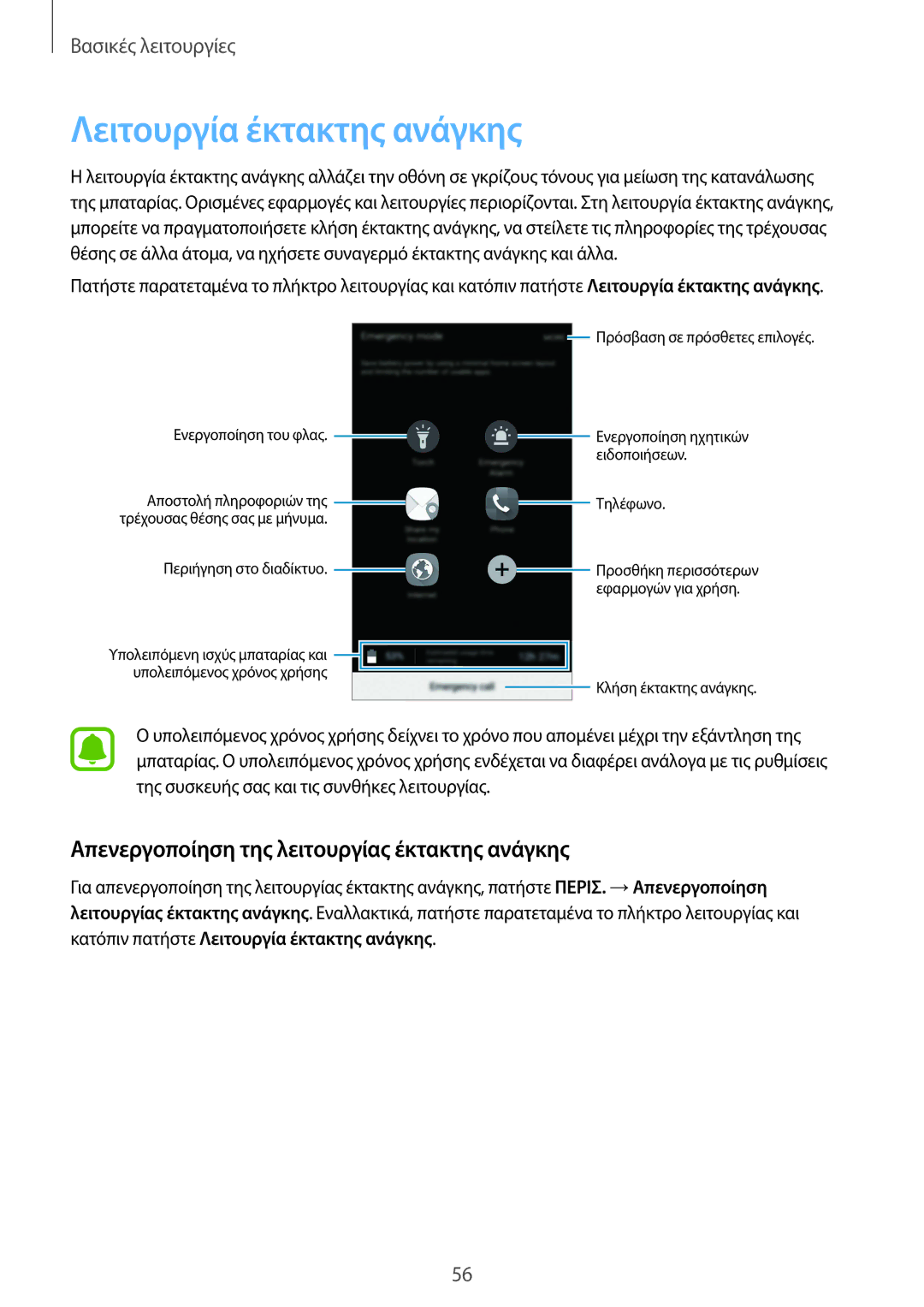 Samsung SM-G928FZKAEUR manual Λειτουργία έκτακτης ανάγκης, Απενεργοποίηση της λειτουργίας έκτακτης ανάγκης 