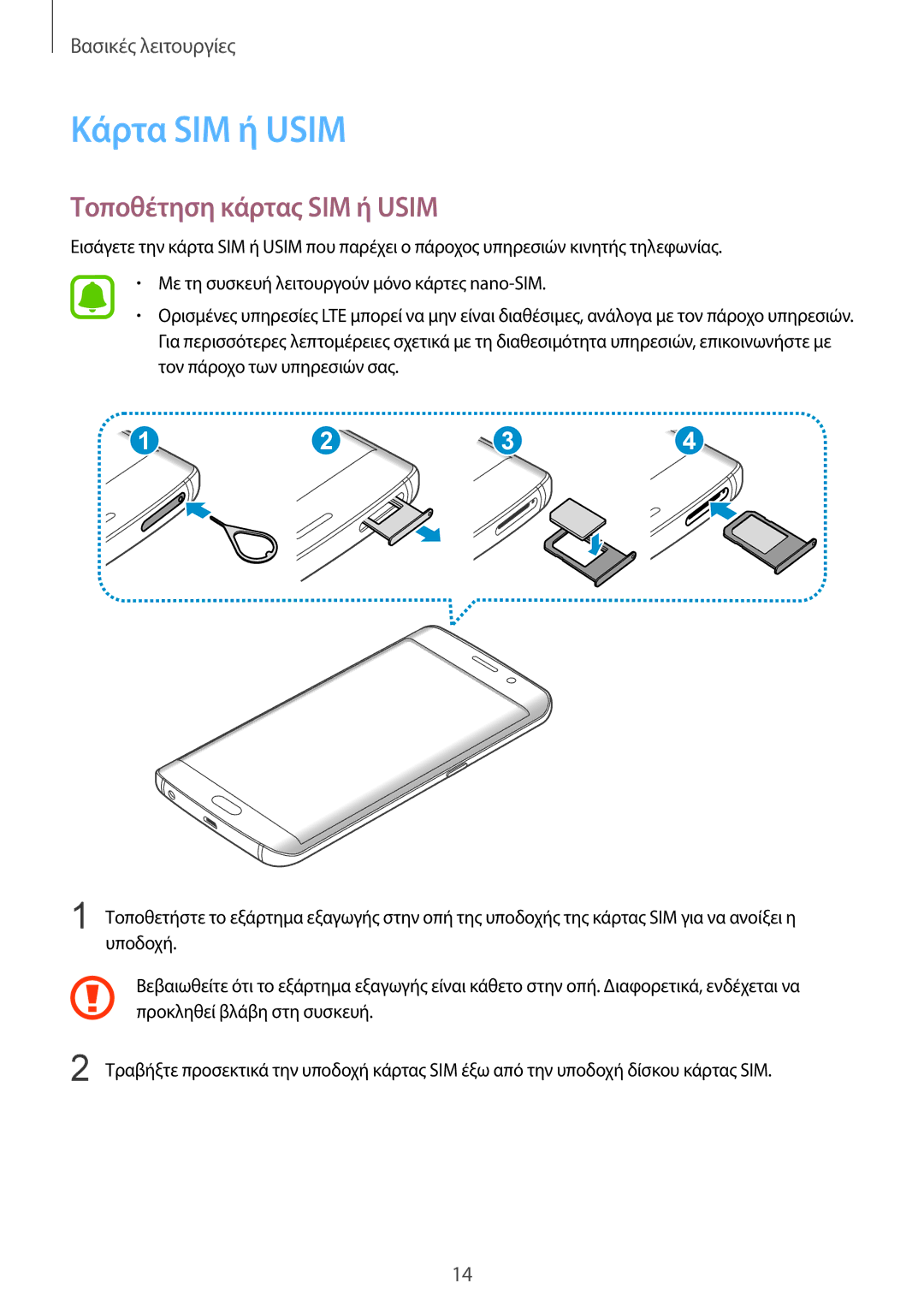 Samsung SM-G928FZKAEUR manual Κάρτα SIM ή Usim, Τοποθέτηση κάρτας SIM ή Usim 