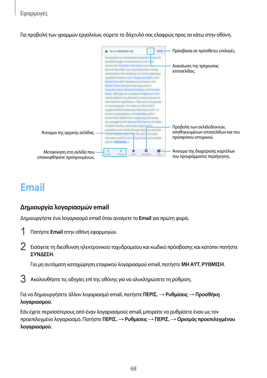 Samsung SM-G928FZKAEUR manual Δημιουργία λογαριασμών email, Συνδεση 