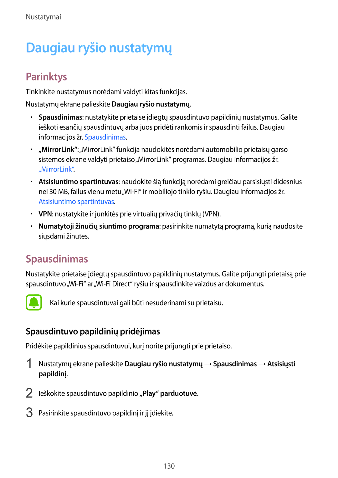 Samsung SM-G928FZKASEB manual Daugiau ryšio nustatymų, Parinktys, Spausdinimas, Spausdintuvo papildinių pridėjimas 