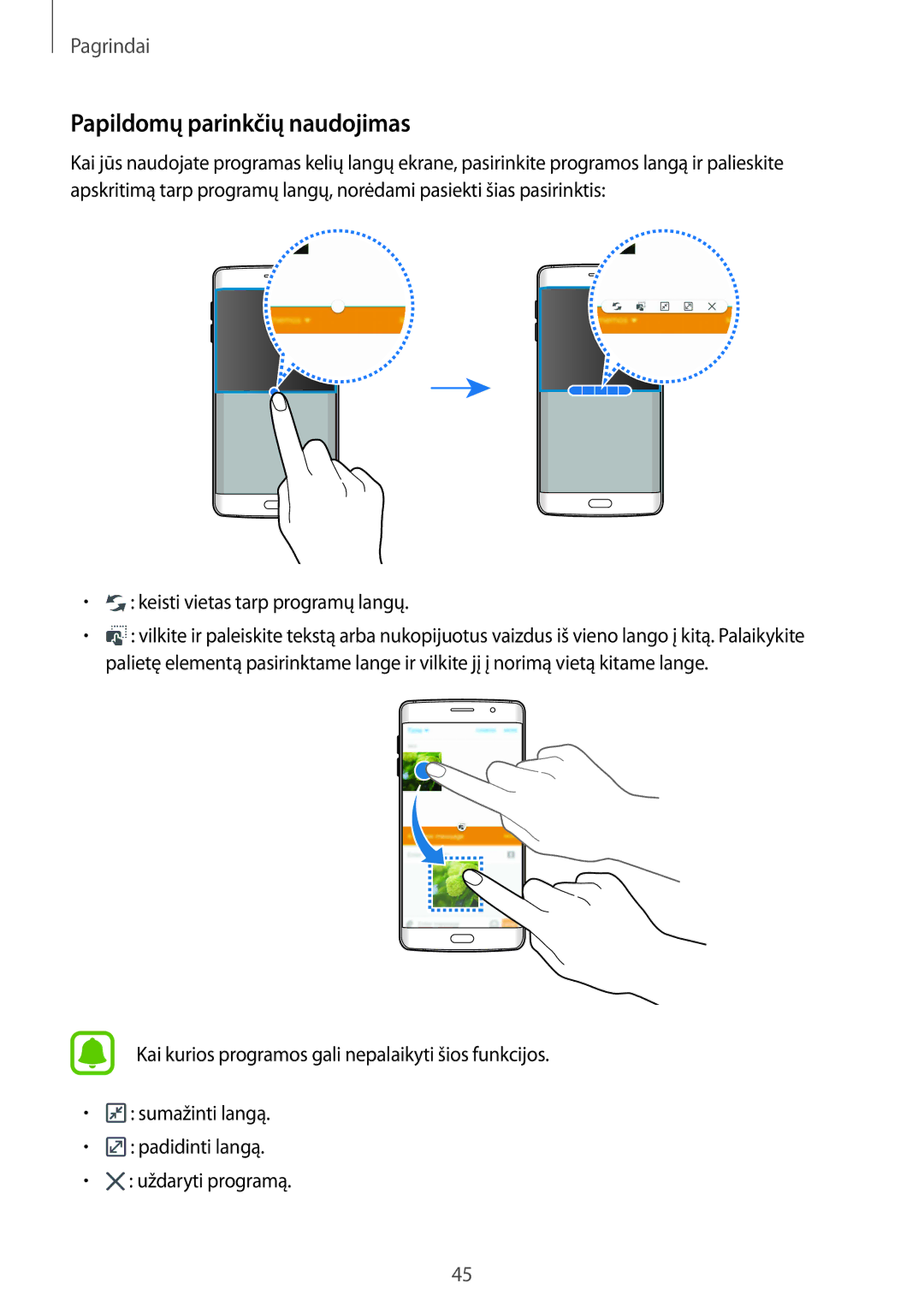 Samsung SM-G928FZKASEB, SM-G928FZDASEB, SM-G928FZKESEB Papildomų parinkčių naudojimas, Keisti vietas tarp programų langų 