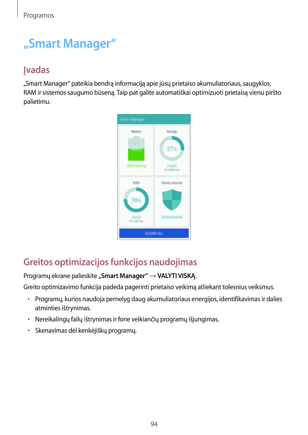 Samsung SM-G928FZDESEB, SM-G928FZKASEB, SM-G928FZDASEB manual „Smart Manager, Greitos optimizacijos funkcijos naudojimas 