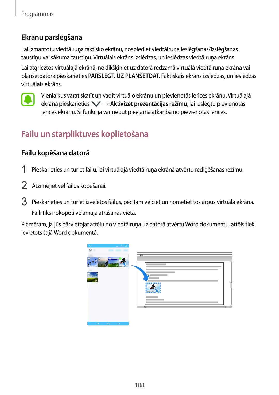 Samsung SM-G928FZSASEB, SM-G928FZKASEB manual Failu un starpliktuves koplietošana, Ekrānu pārslēgšana, Failu kopēšana datorā 
