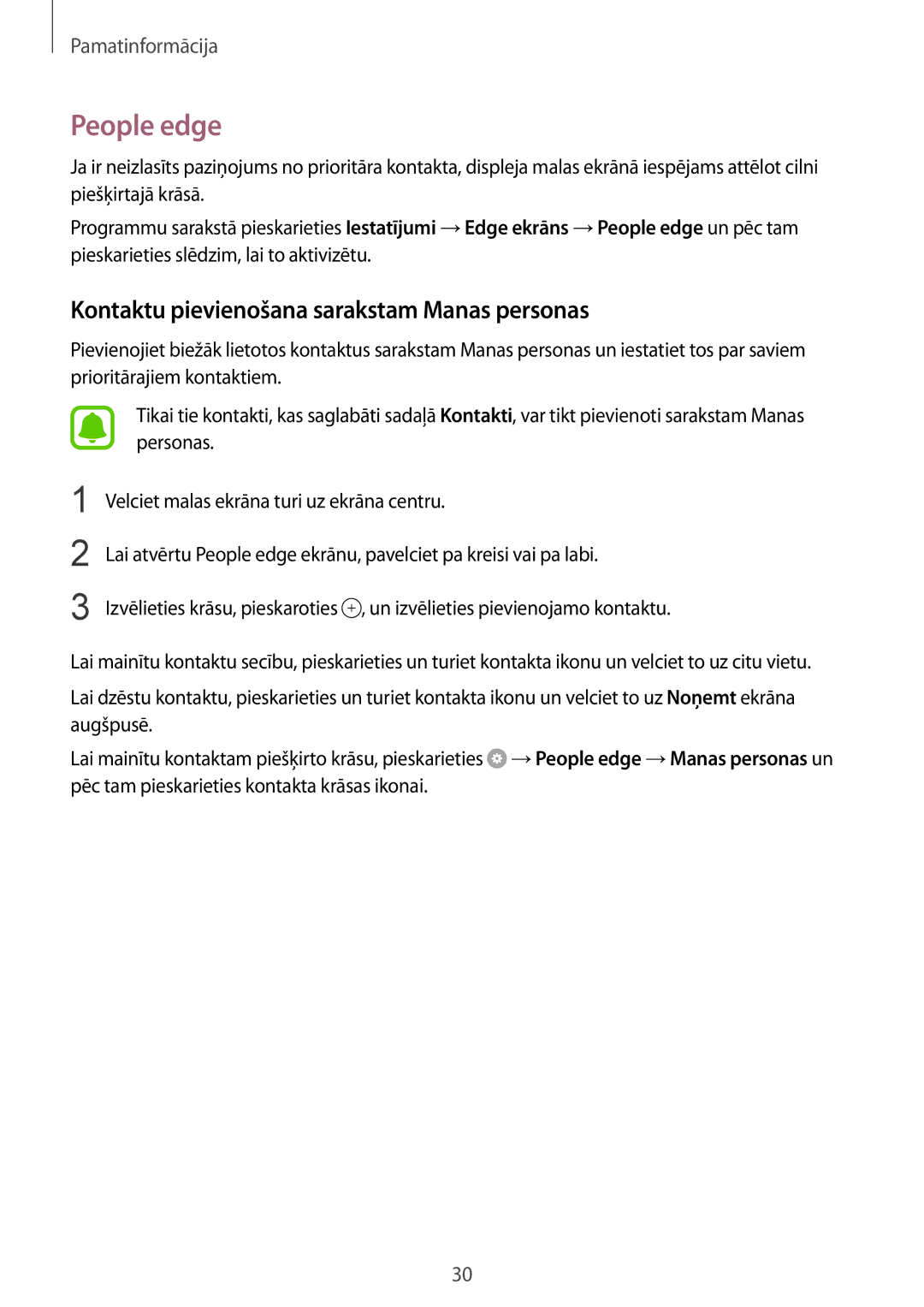 Samsung SM-G928FZKASEB, SM-G928FZDASEB, SM-G928FZKESEB manual People edge, Kontaktu pievienošana sarakstam Manas personas 