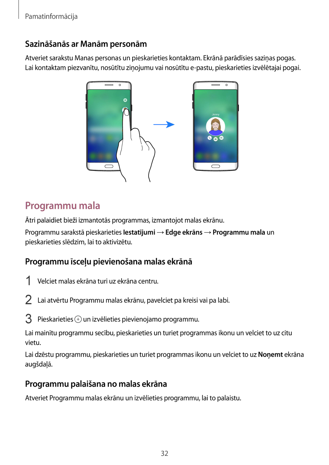 Samsung SM-G928FZKESEB manual Programmu mala, Sazināšanās ar Manām personām, Programmu īsceļu pievienošana malas ekrānā 