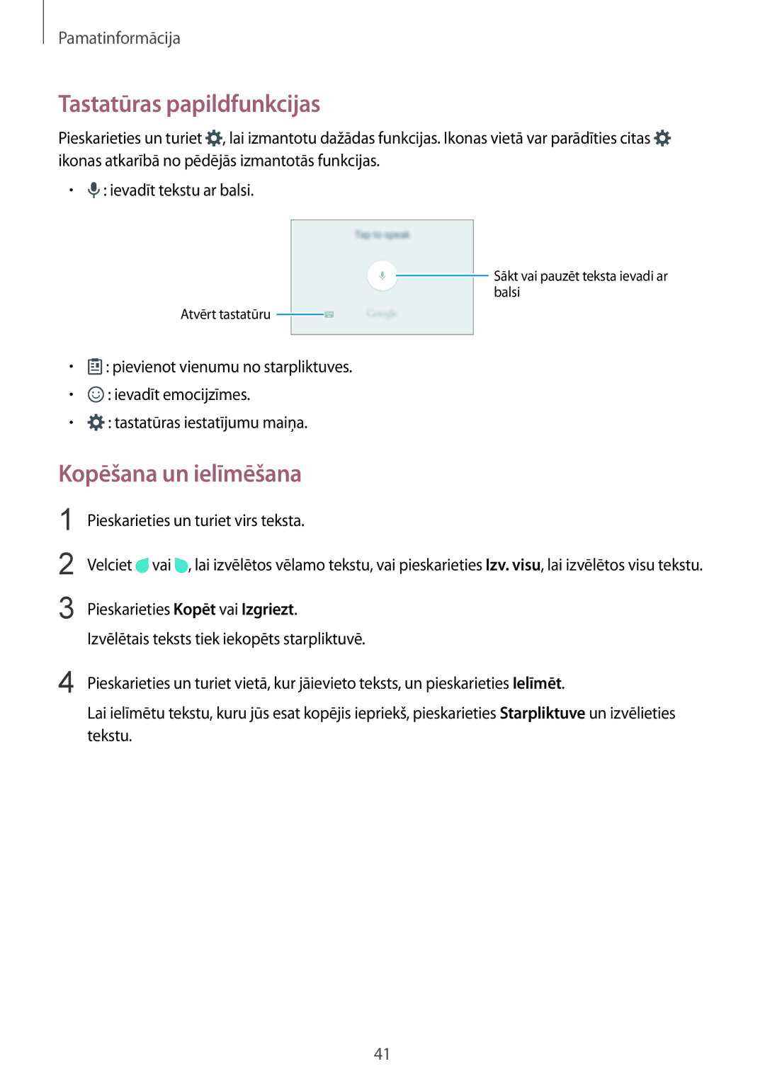 Samsung SM-G928FZDASEB manual Tastatūras papildfunkcijas, Kopēšana un ielīmēšana, Pieskarieties un turiet virs teksta 