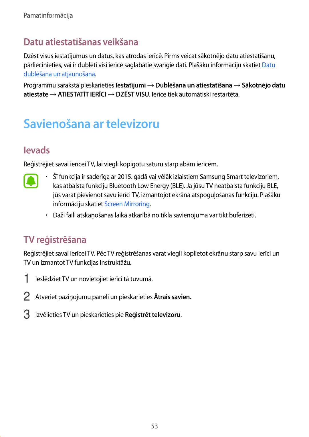 Samsung SM-G928FZSASEB, SM-G928FZKASEB manual Savienošana ar televizoru, Datu atiestatīšanas veikšana, TV reģistrēšana 