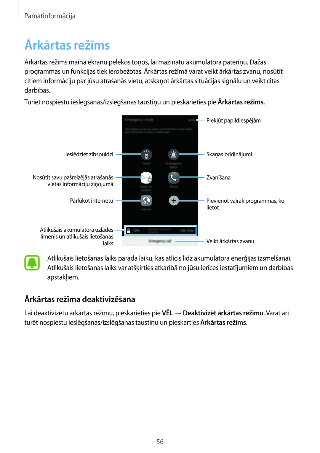 Samsung SM-G928FZDASEB, SM-G928FZKASEB, SM-G928FZKESEB, SM-G928FZSASEB manual Ārkārtas režīms, Ārkārtas režīma deaktivizēšana 