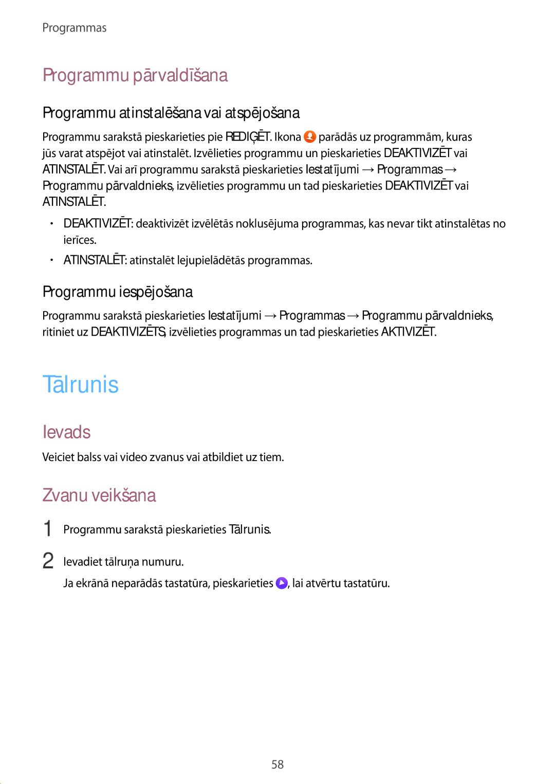 Samsung SM-G928FZSASEB manual Tālrunis, Programmu pārvaldīšana, Zvanu veikšana, Programmu atinstalēšana vai atspējošana 