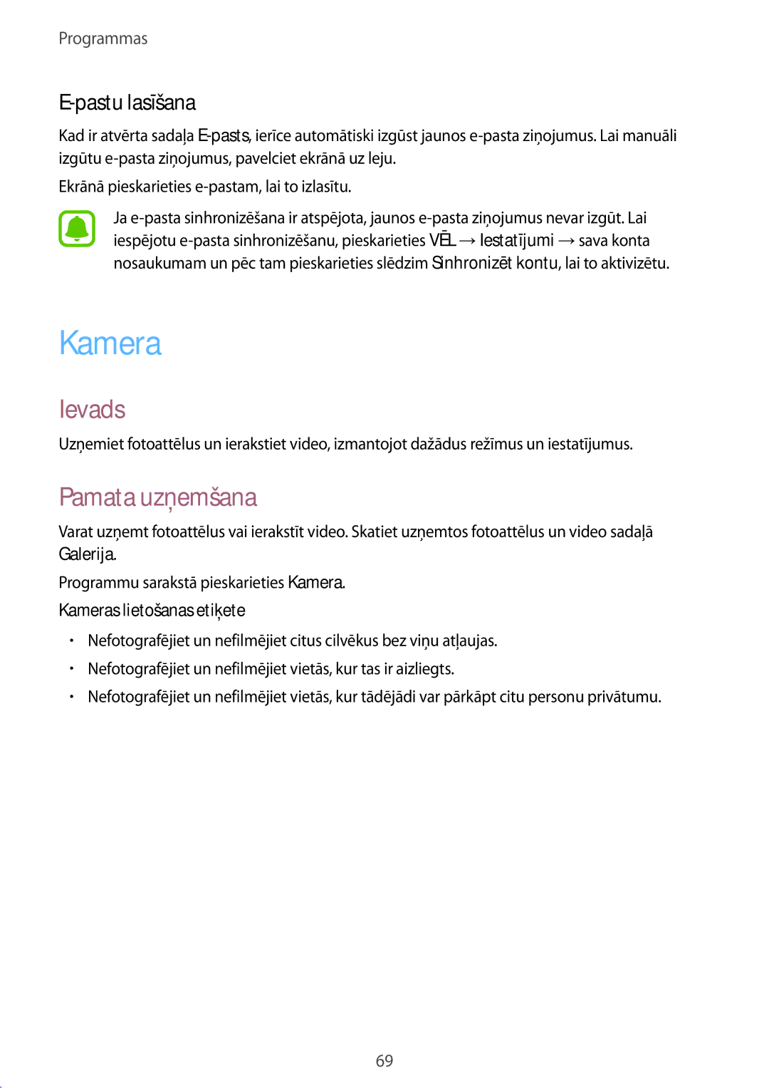 Samsung SM-G928FZDESEB, SM-G928FZKASEB, SM-G928FZDASEB Pamata uzņemšana, Pastu lasīšana, Kameras lietošanas etiķete 