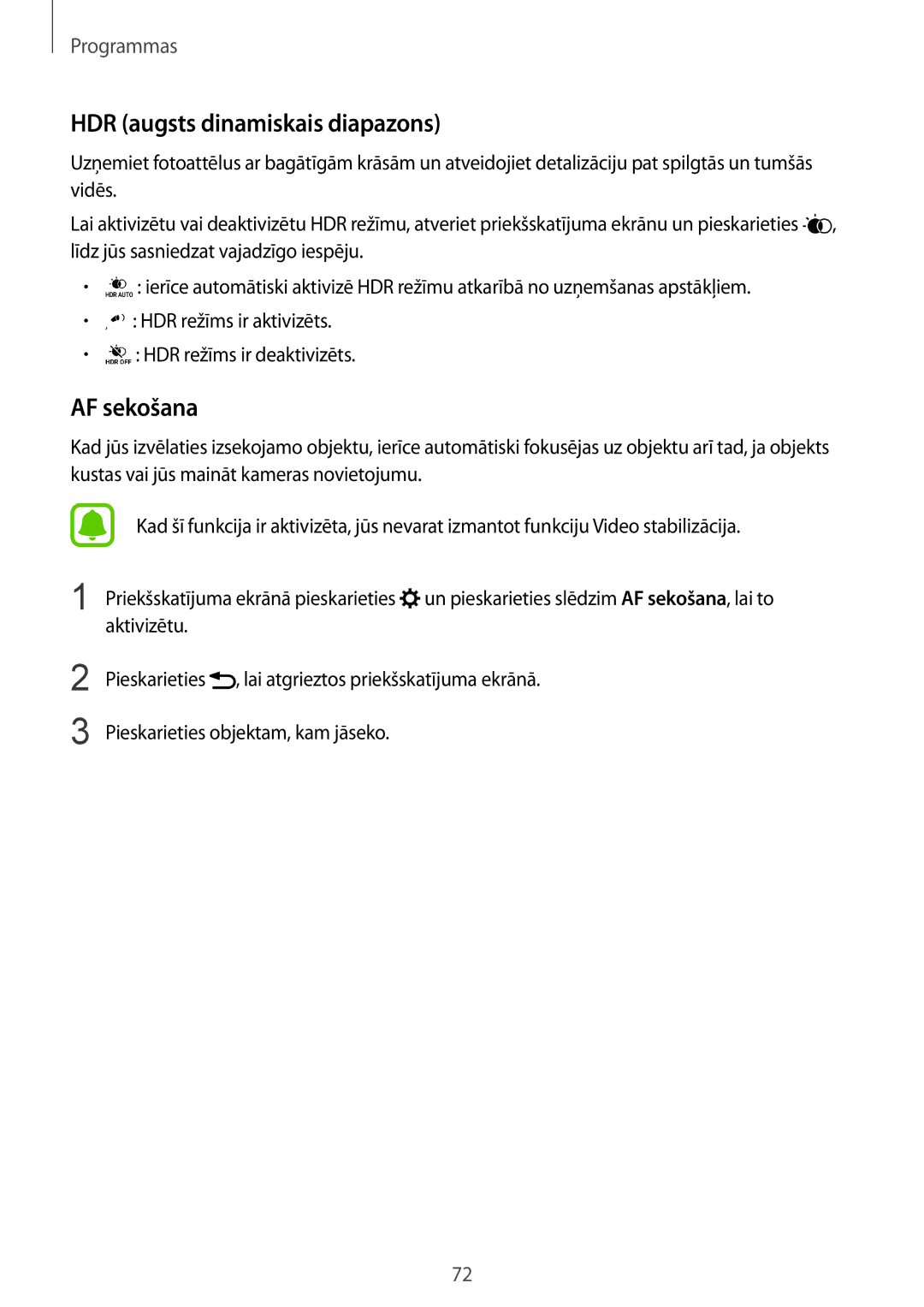 Samsung SM-G928FZKESEB, SM-G928FZKASEB, SM-G928FZDASEB, SM-G928FZSASEB manual HDR augsts dinamiskais diapazons, AF sekošana 