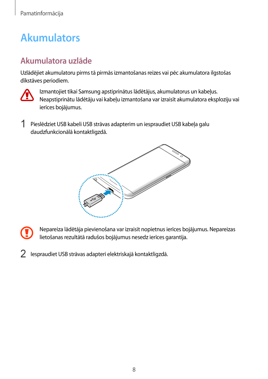 Samsung SM-G928FZSASEB manual Akumulators, Akumulatora uzlāde, Iespraudiet USB strāvas adapteri elektriskajā kontaktligzdā 