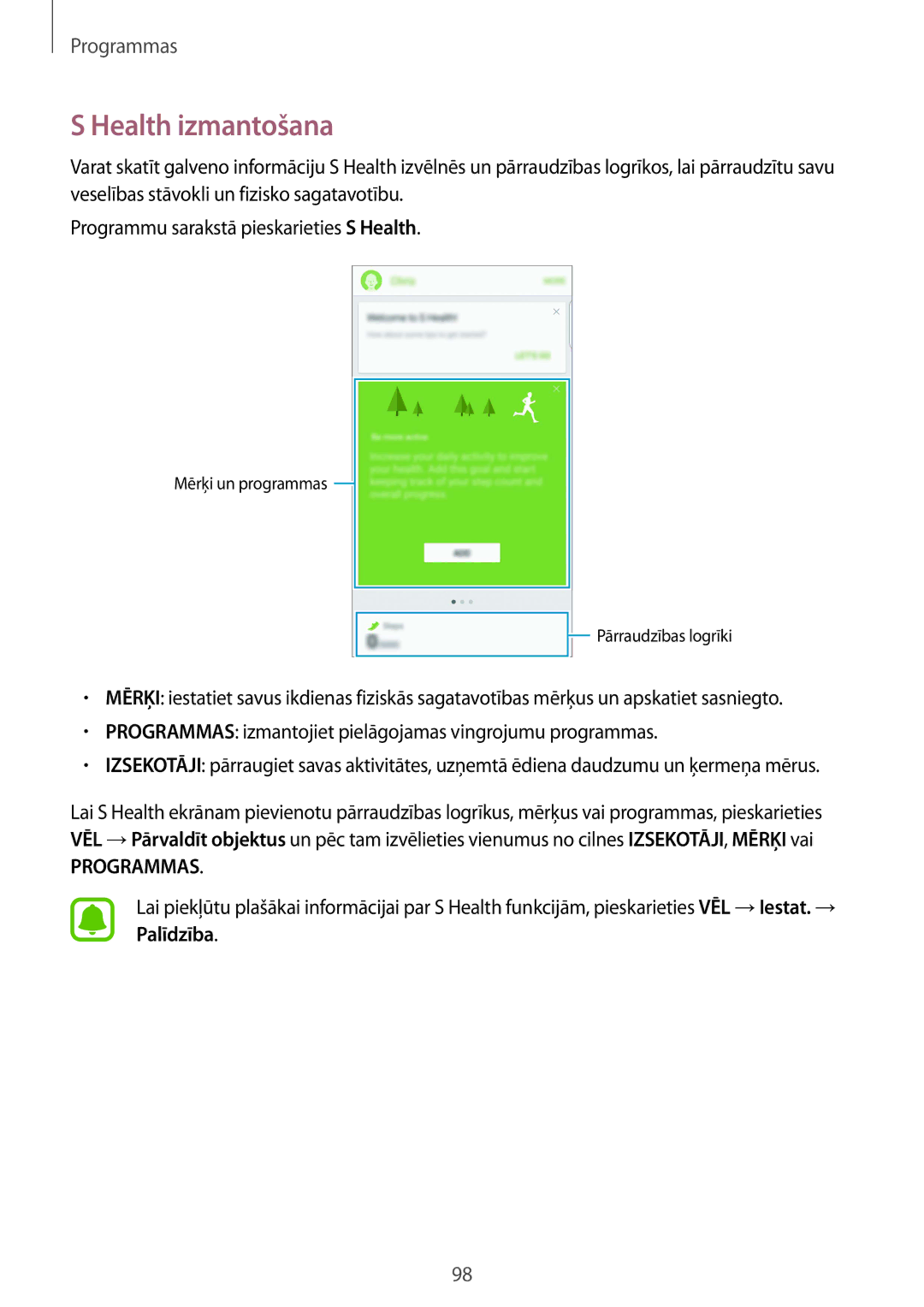 Samsung SM-G928FZSASEB, SM-G928FZKASEB, SM-G928FZDASEB, SM-G928FZKESEB, SM-G928FZDESEB manual Health izmantošana, Programmas 