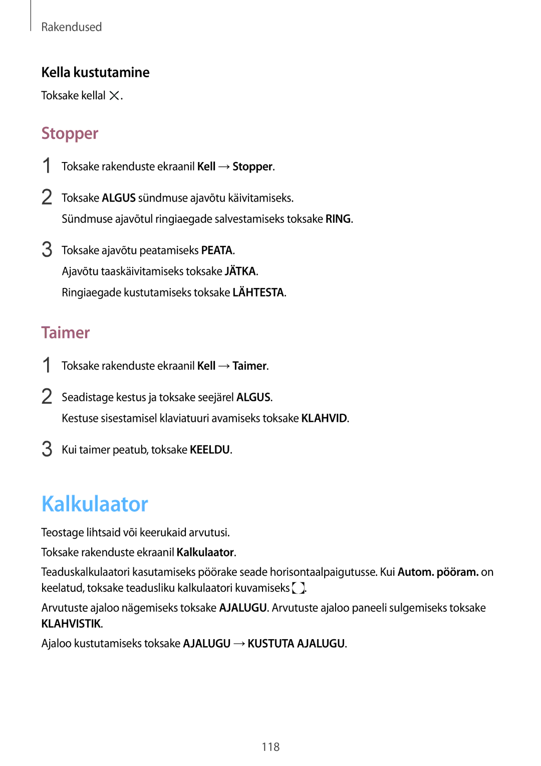 Samsung SM-G928FZSASEB, SM-G928FZKASEB, SM-G928FZDASEB, SM-G928FZKESEB manual Kalkulaator, Stopper, Taimer, Kella kustutamine 