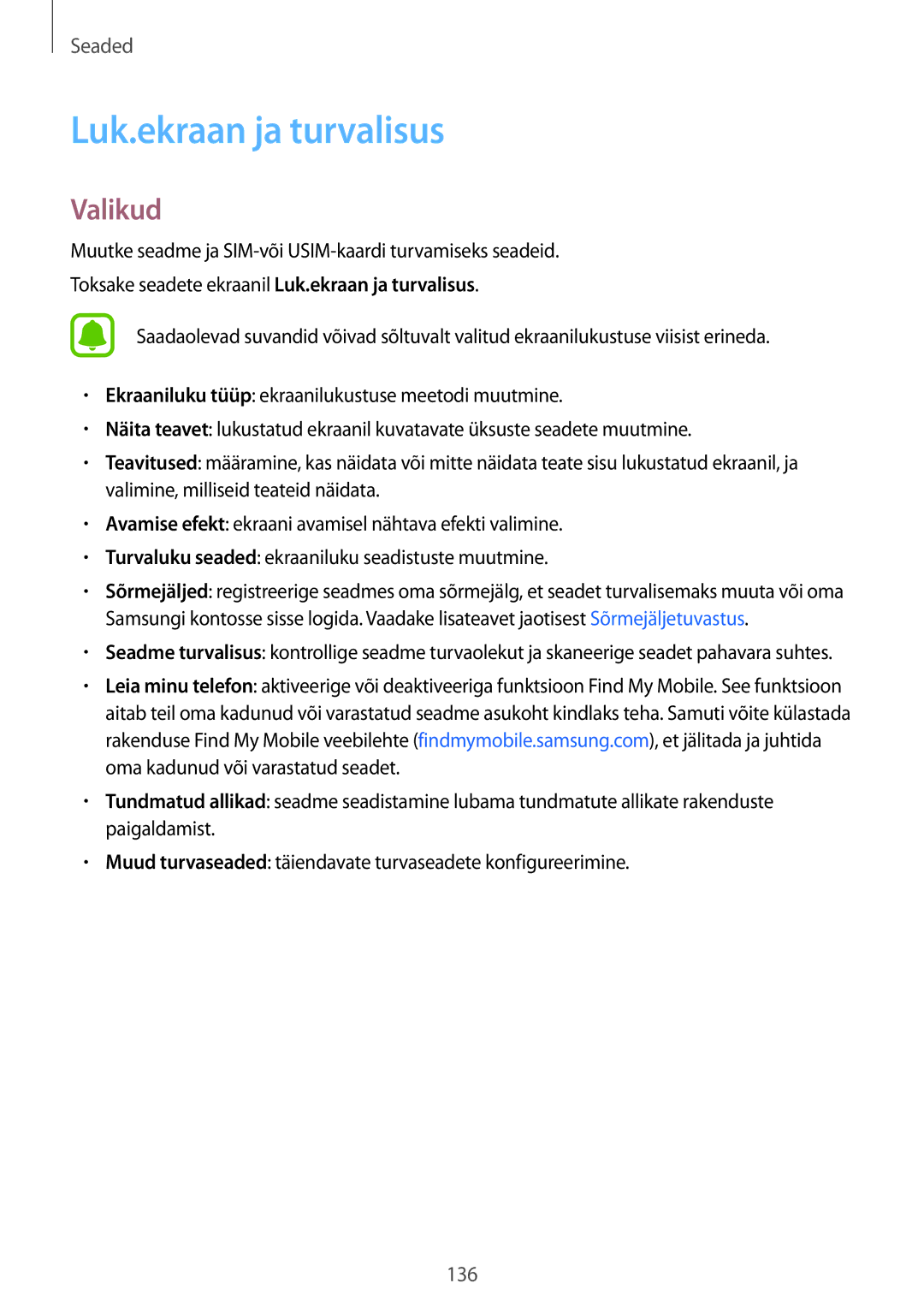 Samsung SM-G928FZDASEB, SM-G928FZKASEB, SM-G928FZKESEB, SM-G928FZSASEB, SM-G928FZDESEB manual Luk.ekraan ja turvalisus, Valikud 