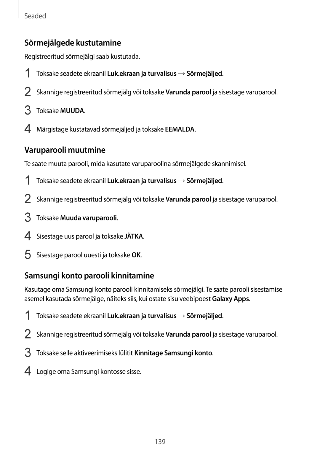 Samsung SM-G928FZDESEB, SM-G928FZKASEB Sõrmejälgede kustutamine, Varuparooli muutmine, Samsungi konto parooli kinnitamine 