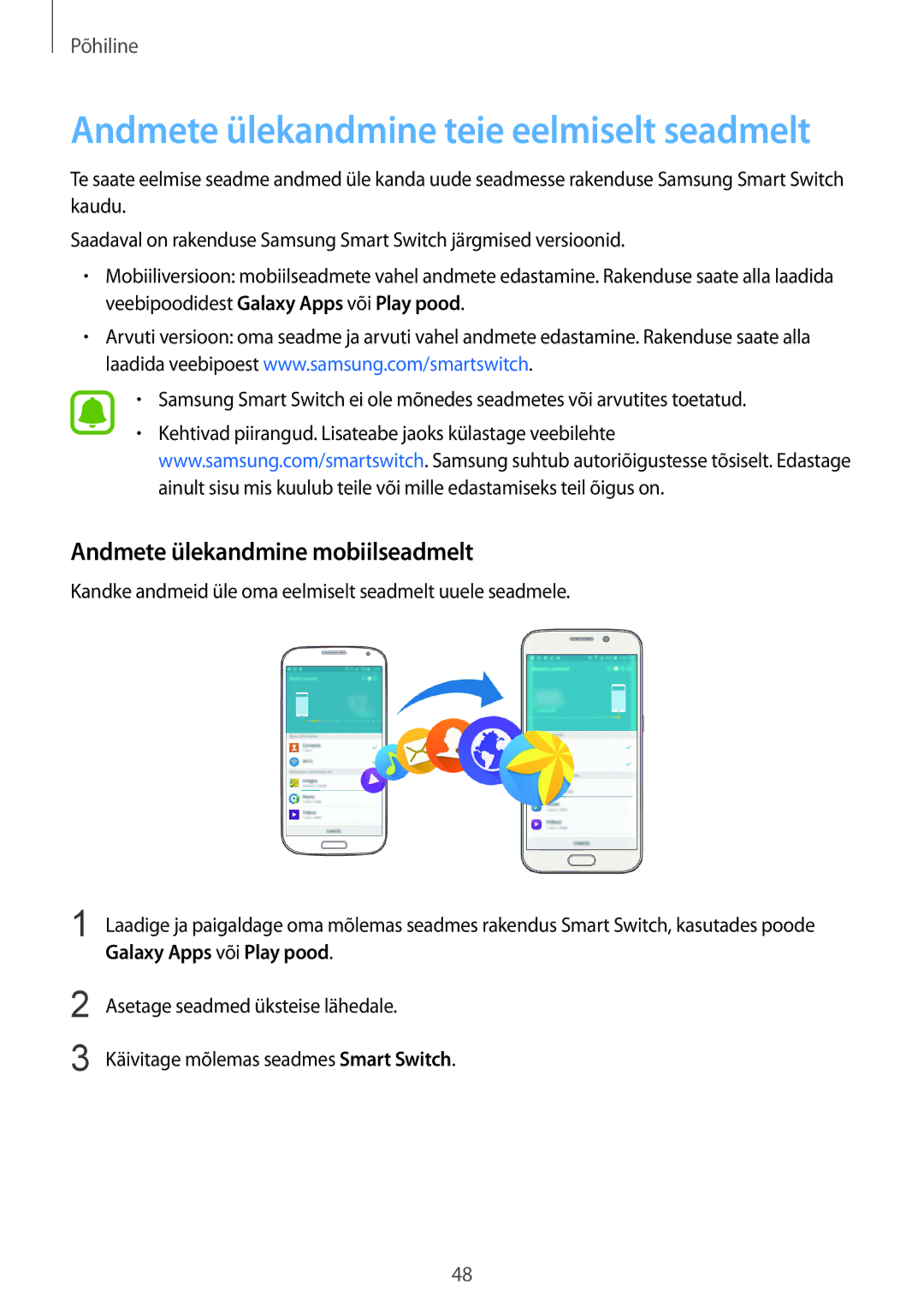 Samsung SM-G928FZSASEB, SM-G928FZKASEB Andmete ülekandmine teie eelmiselt seadmelt, Andmete ülekandmine mobiilseadmelt 