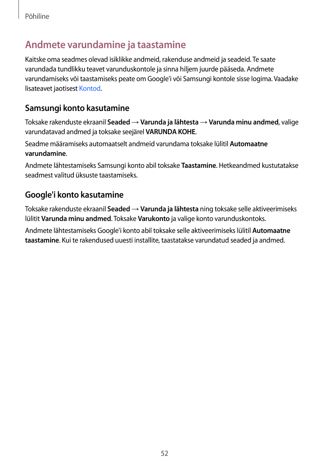 Samsung SM-G928FZKESEB manual Andmete varundamine ja taastamine, Samsungi konto kasutamine, Googlei konto kasutamine 