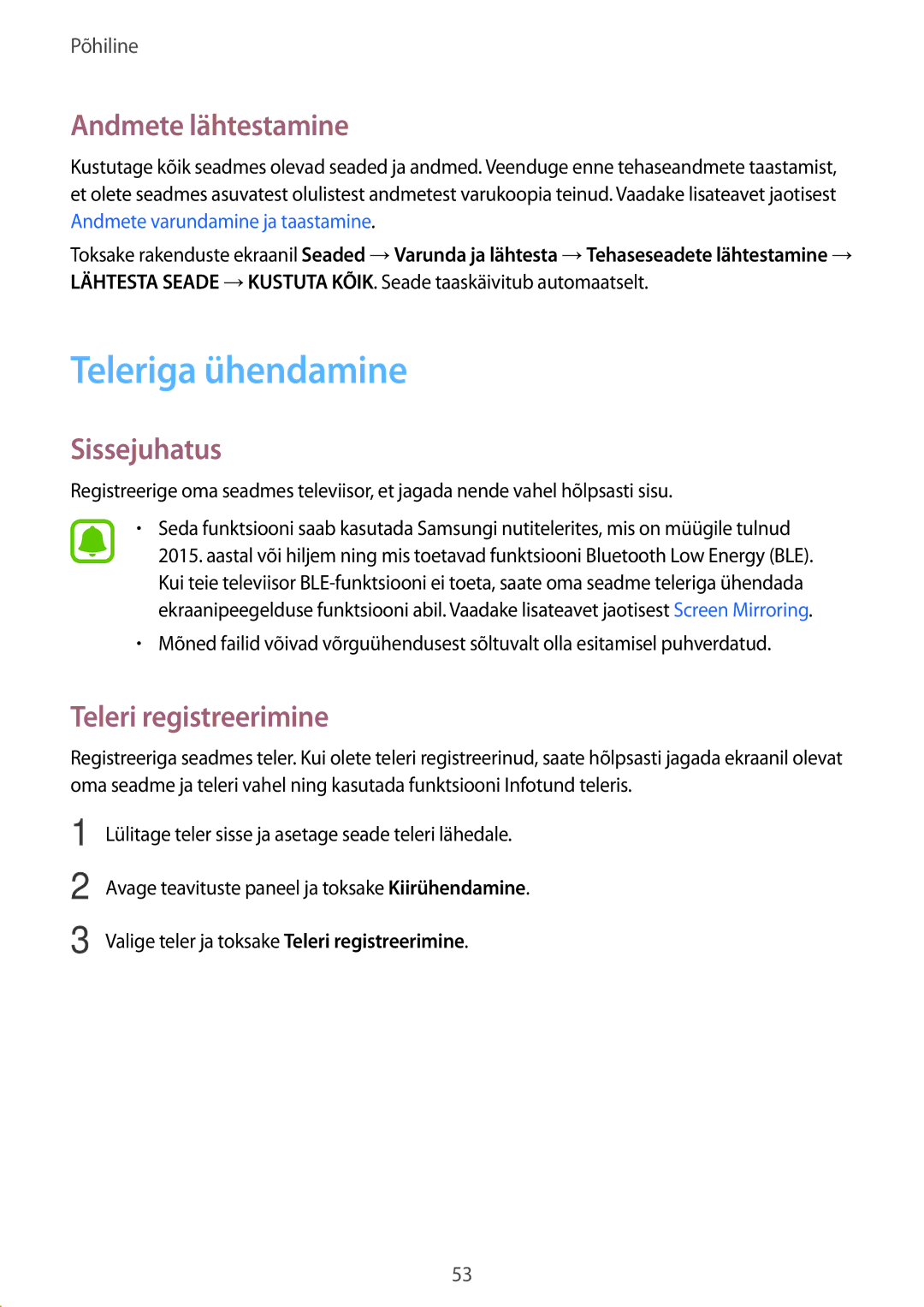 Samsung SM-G928FZSASEB, SM-G928FZKASEB, SM-G928FZDASEB Teleriga ühendamine, Andmete lähtestamine, Teleri registreerimine 