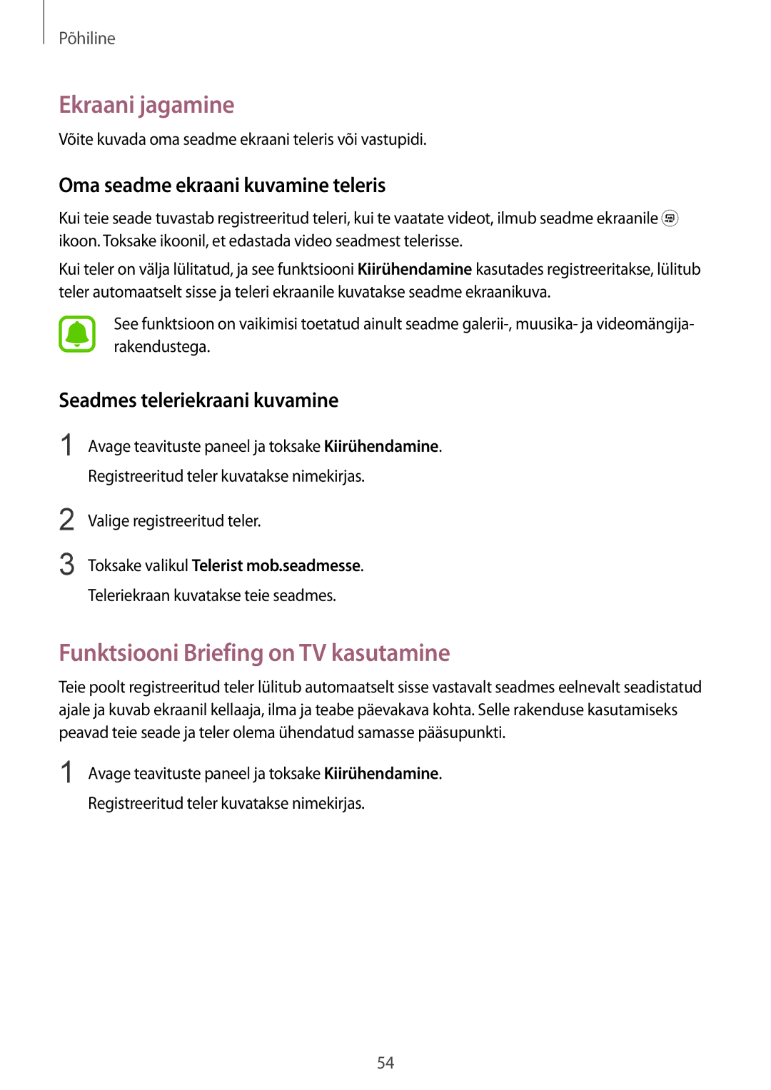 Samsung SM-G928FZDESEB manual Ekraani jagamine, Funktsiooni Briefing on TV kasutamine, Oma seadme ekraani kuvamine teleris 