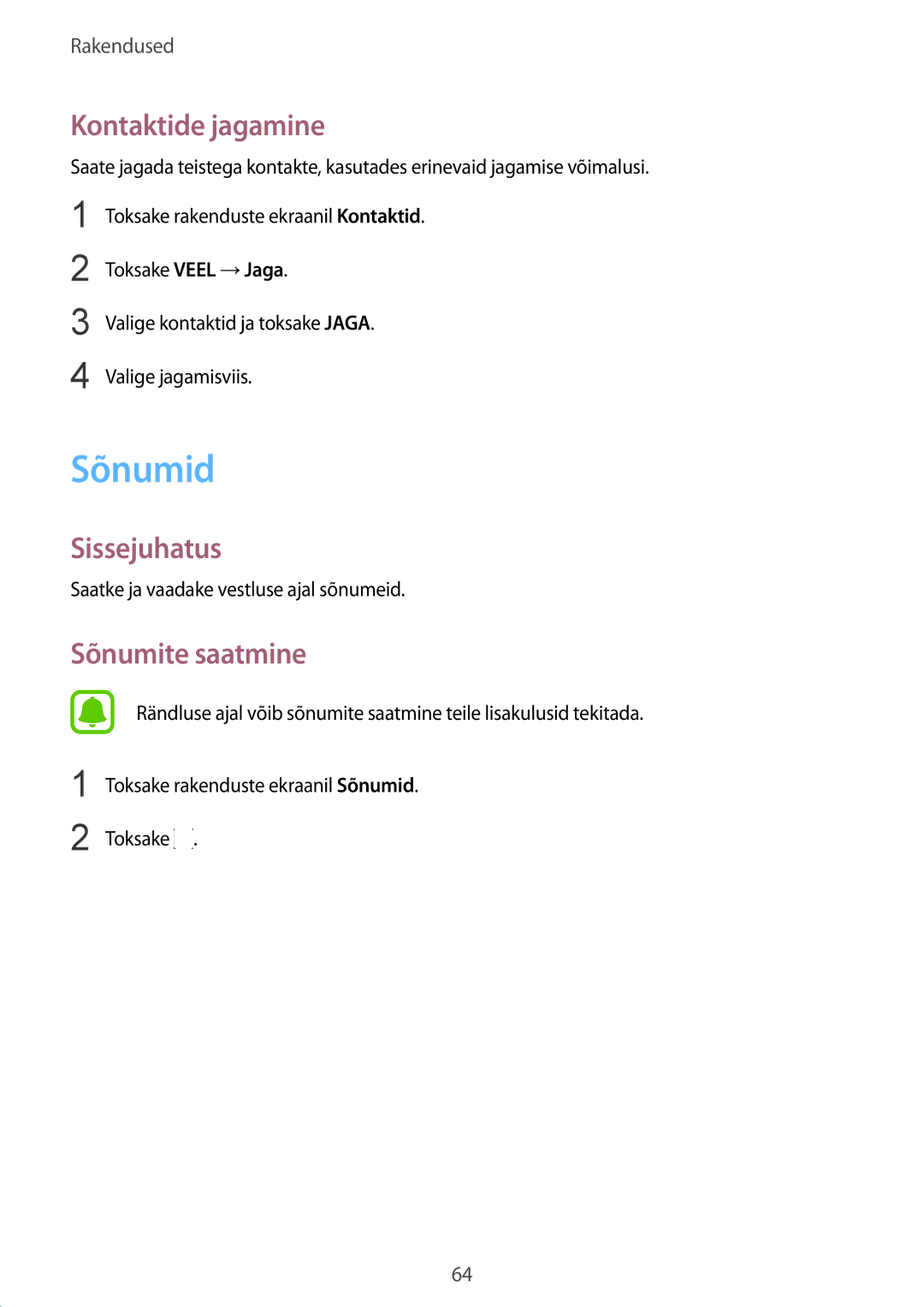 Samsung SM-G928FZDESEB, SM-G928FZKASEB, SM-G928FZDASEB, SM-G928FZKESEB manual Sõnumid, Kontaktide jagamine, Sõnumite saatmine 