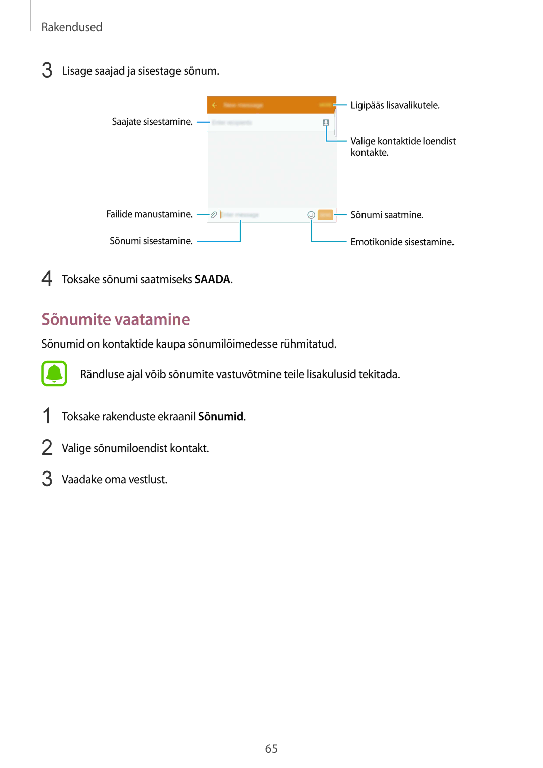 Samsung SM-G928FZKASEB, SM-G928FZDASEB, SM-G928FZKESEB, SM-G928FZSASEB Sõnumite vaatamine, Lisage saajad ja sisestage sõnum 