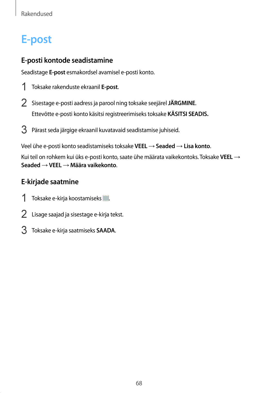 Samsung SM-G928FZSASEB, SM-G928FZKASEB, SM-G928FZDASEB, SM-G928FZKESEB manual Posti kontode seadistamine, Kirjade saatmine 