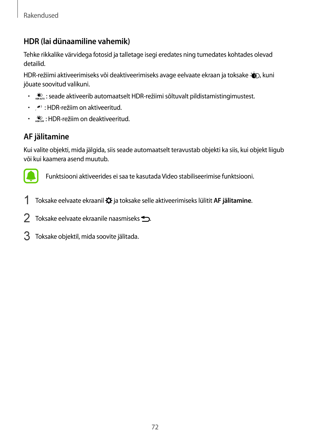 Samsung SM-G928FZKESEB, SM-G928FZKASEB, SM-G928FZDASEB, SM-G928FZSASEB manual HDR lai dünaamiline vahemik, AF jälitamine 