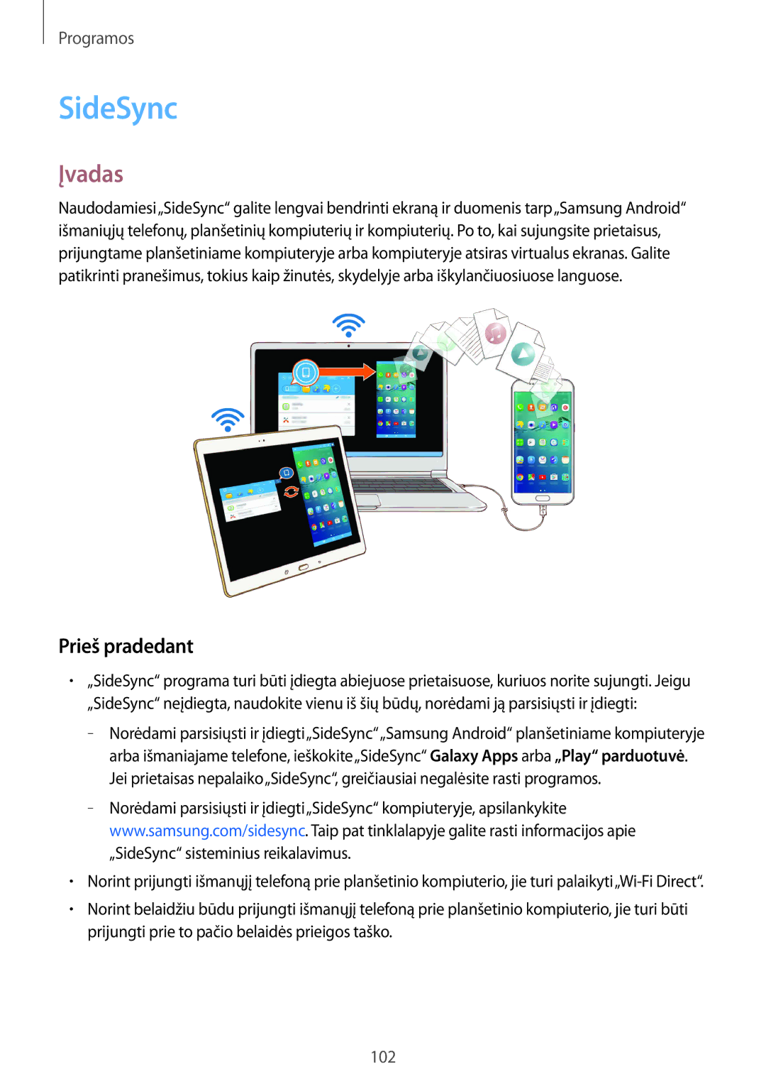 Samsung SM-G928FZKESEB, SM-G928FZKASEB, SM-G928FZDASEB, SM-G928FZSASEB, SM-G928FZDESEB manual SideSync, Prieš pradedant 