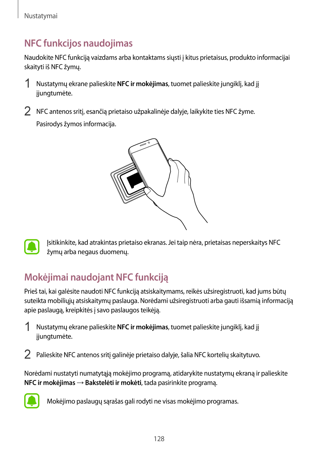 Samsung SM-G928FZSASEB, SM-G928FZKASEB, SM-G928FZDASEB manual NFC funkcijos naudojimas, Mokėjimai naudojant NFC funkciją 