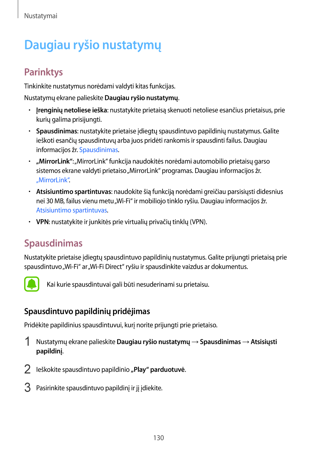 Samsung SM-G928FZKASEB manual Daugiau ryšio nustatymų, Parinktys, Spausdinimas, Spausdintuvo papildinių pridėjimas 