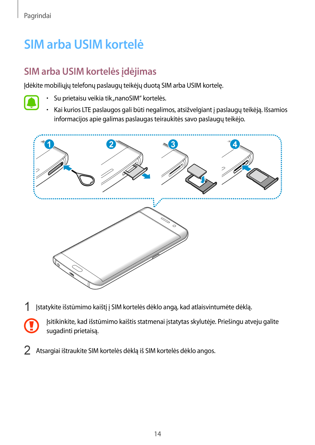 Samsung SM-G928FZDESEB, SM-G928FZKASEB, SM-G928FZDASEB, SM-G928FZKESEB, SM-G928FZSASEB SIM arba Usim kortelės įdėjimas 