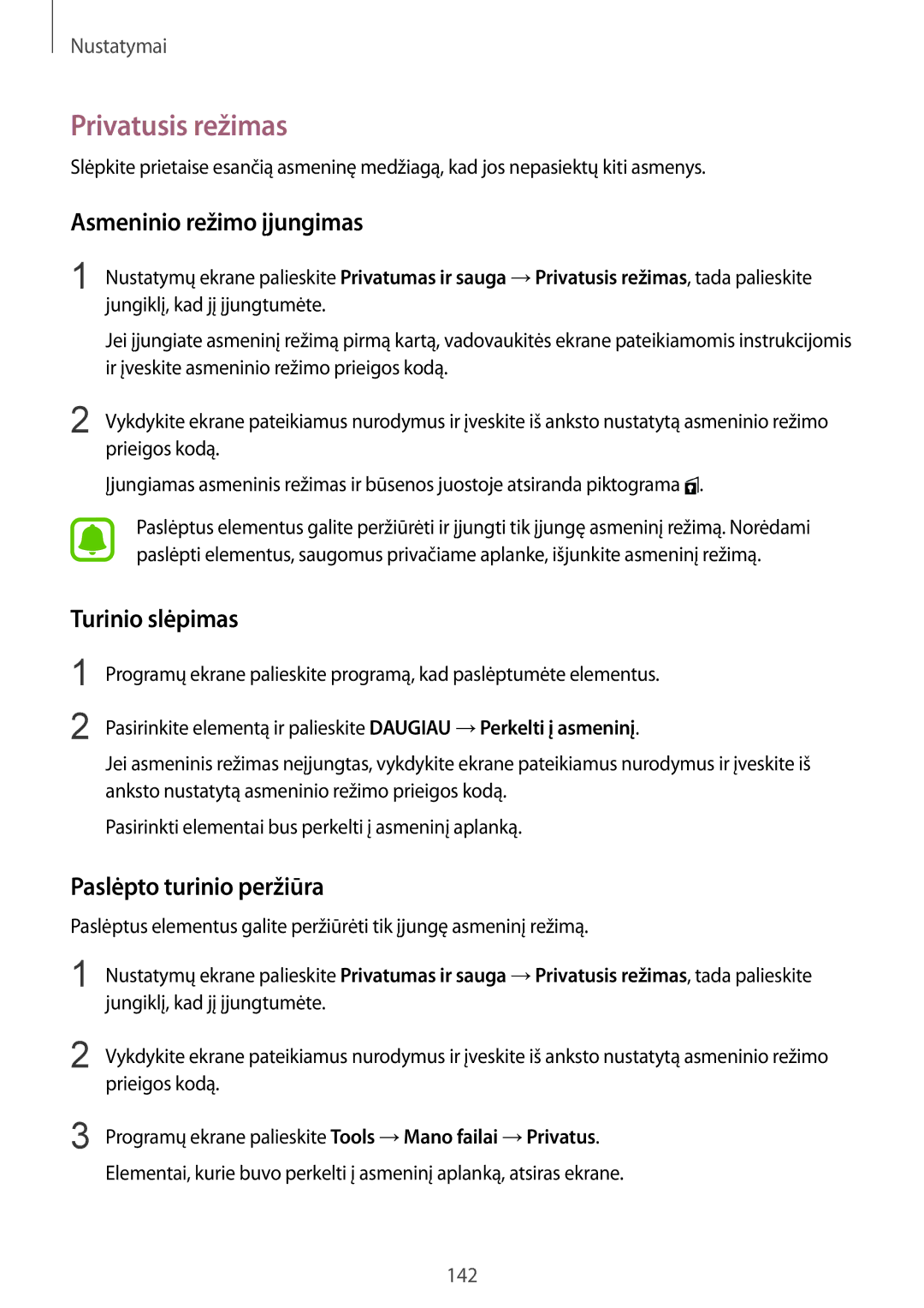 Samsung SM-G928FZKESEB manual Privatusis režimas, Asmeninio režimo įjungimas, Turinio slėpimas, Paslėpto turinio peržiūra 