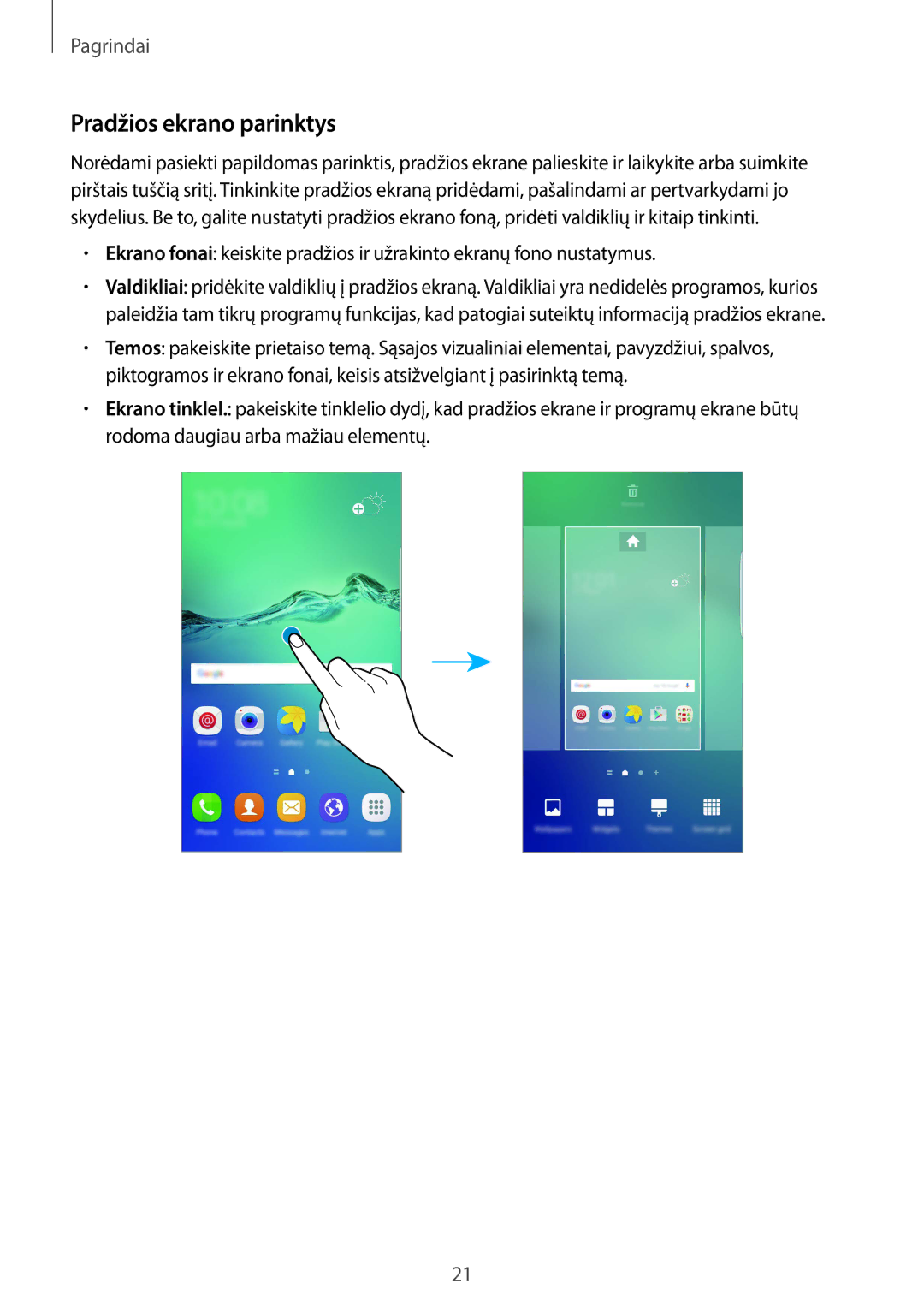 Samsung SM-G928FZDASEB, SM-G928FZKASEB, SM-G928FZKESEB, SM-G928FZSASEB, SM-G928FZDESEB manual Pradžios ekrano parinktys 