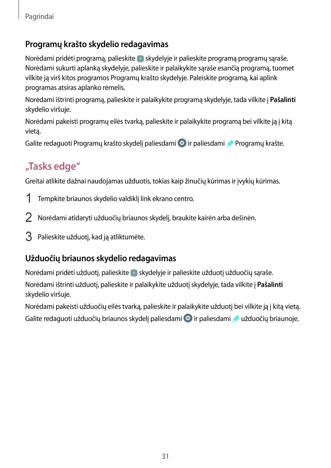 Samsung SM-G928FZDASEB manual „Tasks edge, Programų krašto skydelio redagavimas, Užduočių briaunos skydelio redagavimas 