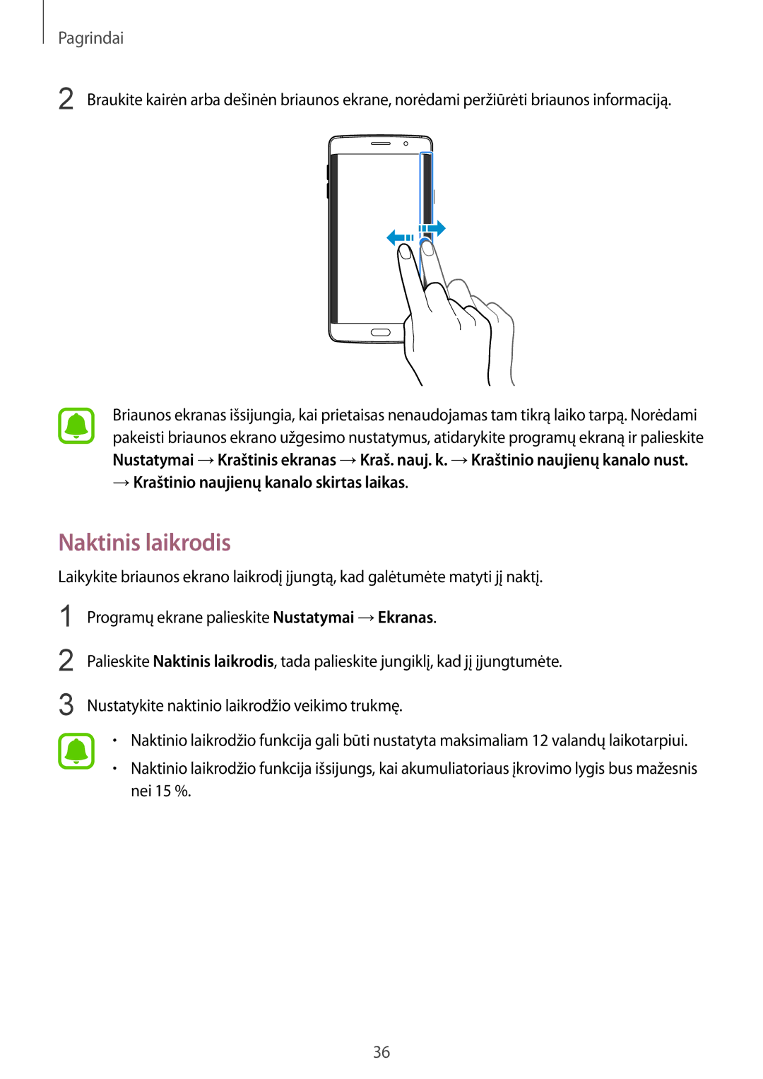 Samsung SM-G928FZDASEB, SM-G928FZKASEB, SM-G928FZKESEB manual Naktinis laikrodis, → Kraštinio naujienų kanalo skirtas laikas 