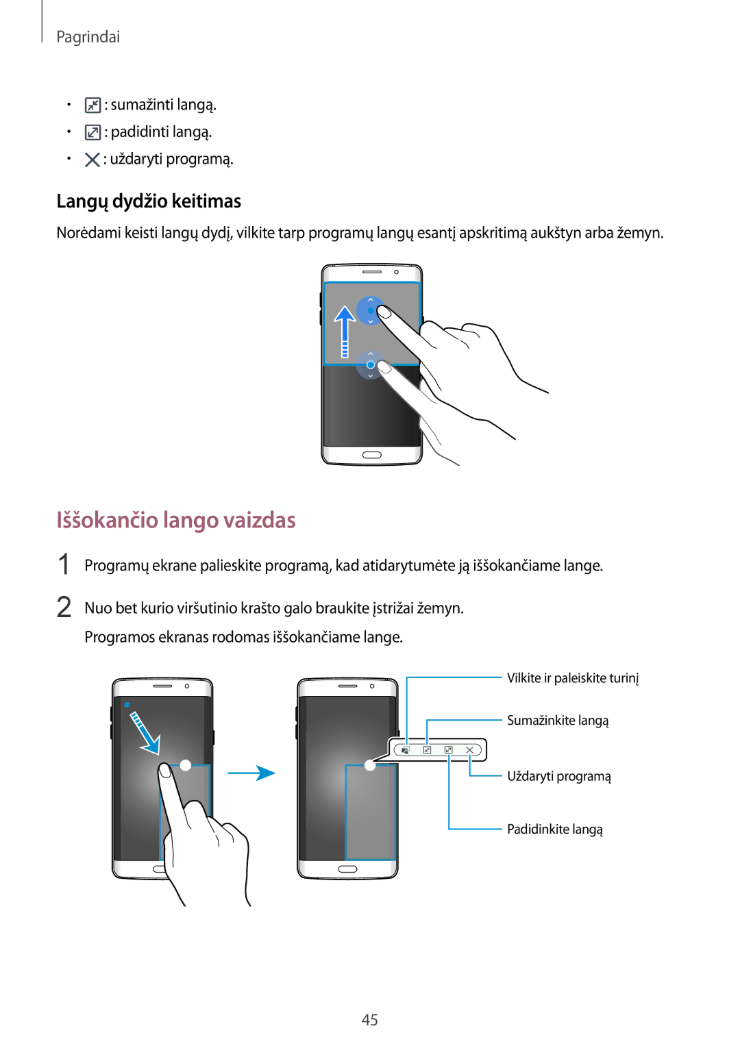 Samsung SM-G928FZKASEB Iššokančio lango vaizdas, Langų dydžio keitimas, Sumažinti langą Padidinti langą Uždaryti programą 