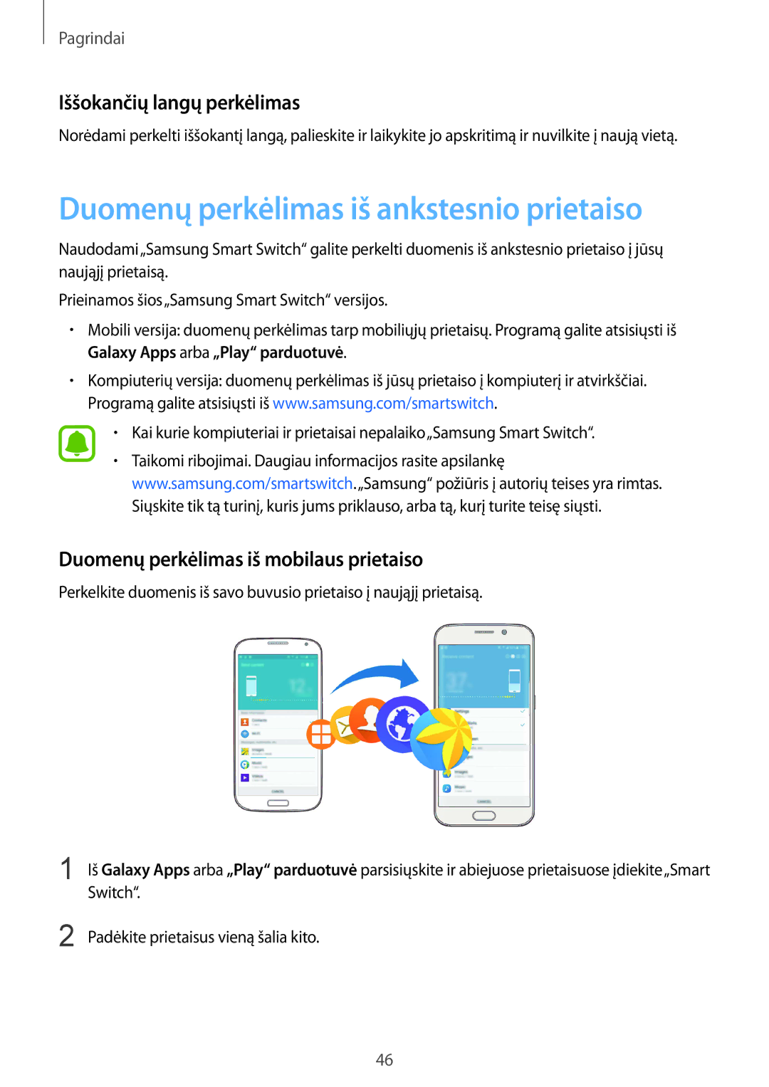 Samsung SM-G928FZDASEB, SM-G928FZKASEB manual Duomenų perkėlimas iš ankstesnio prietaiso, Iššokančių langų perkėlimas 