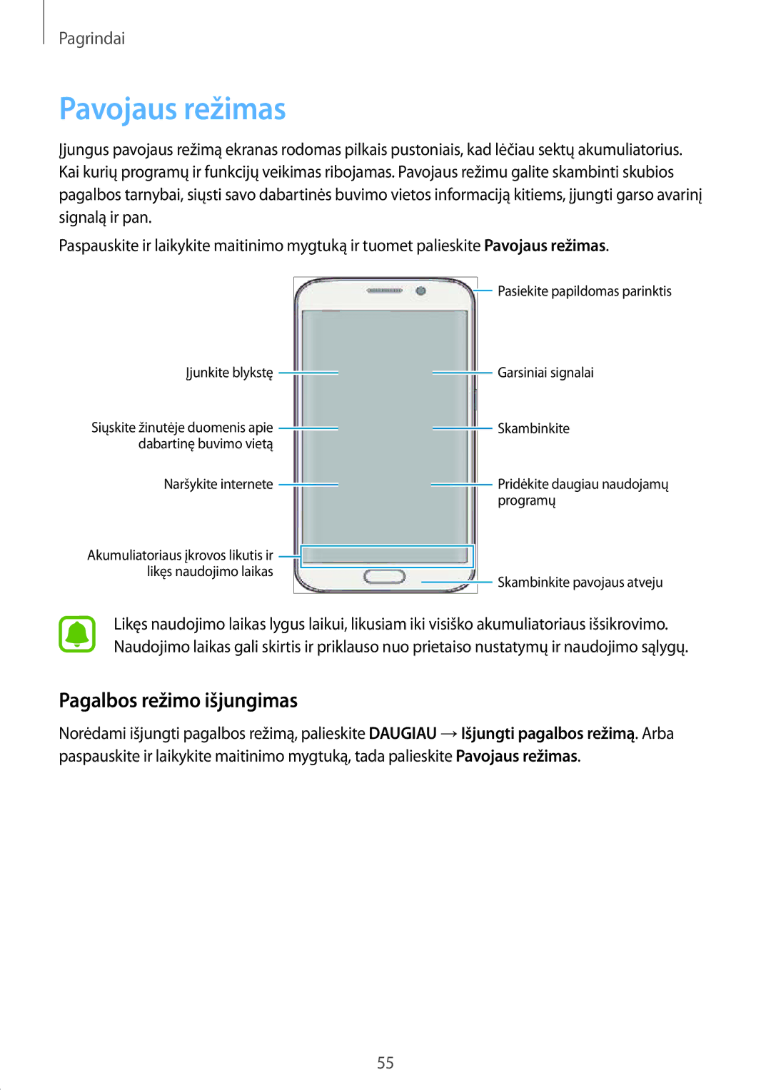 Samsung SM-G928FZKASEB, SM-G928FZDASEB, SM-G928FZKESEB, SM-G928FZSASEB manual Pavojaus režimas, Pagalbos režimo išjungimas 