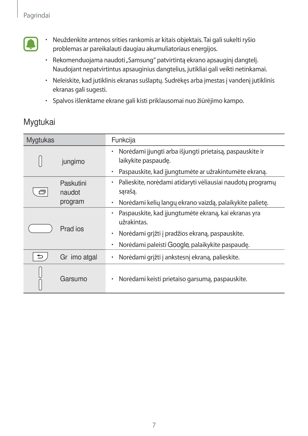 Samsung SM-G928FZKESEB, SM-G928FZKASEB, SM-G928FZDASEB, SM-G928FZSASEB, SM-G928FZDESEB manual Mygtukai 