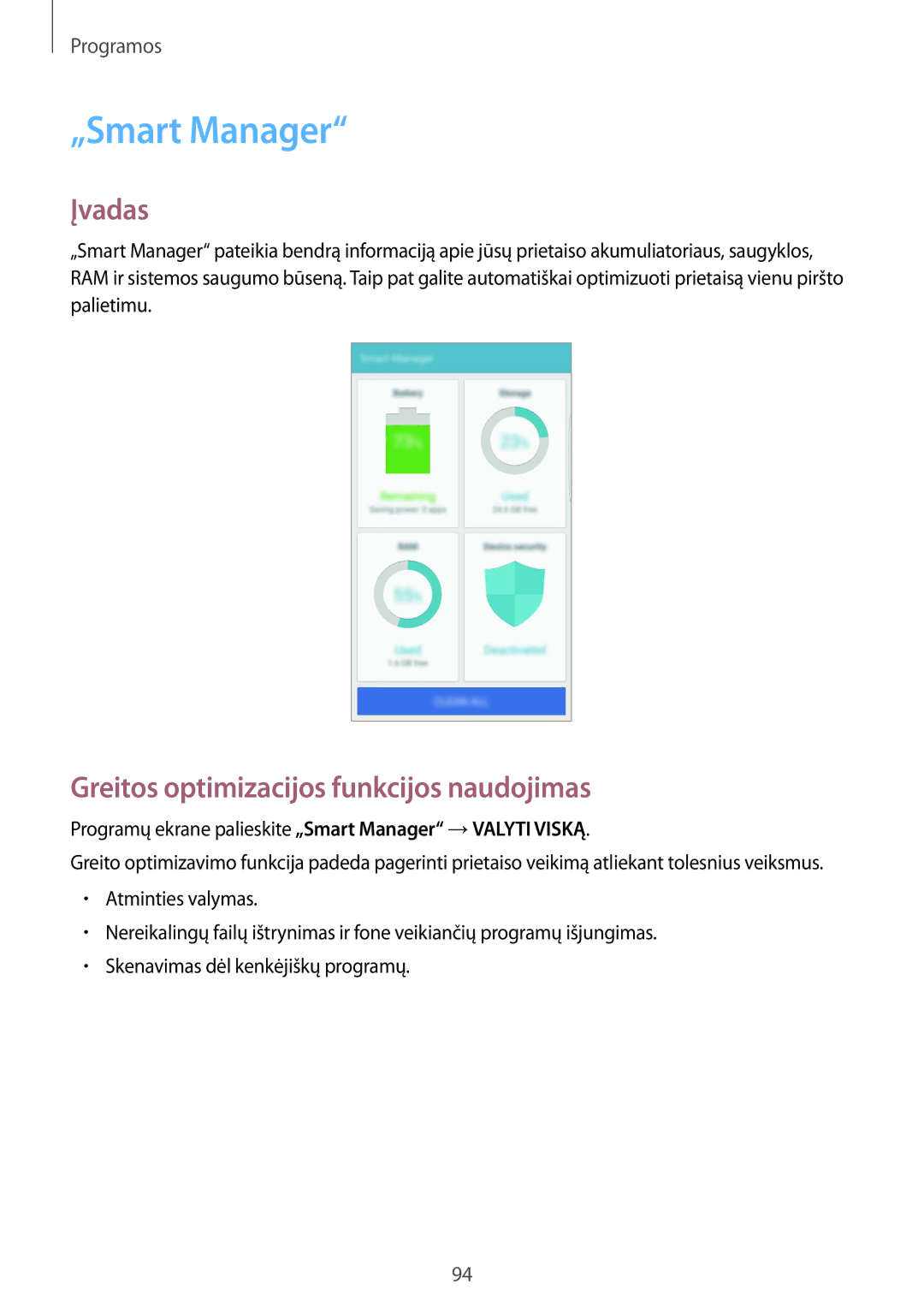 Samsung SM-G928FZDESEB, SM-G928FZKASEB, SM-G928FZDASEB manual „Smart Manager, Greitos optimizacijos funkcijos naudojimas 