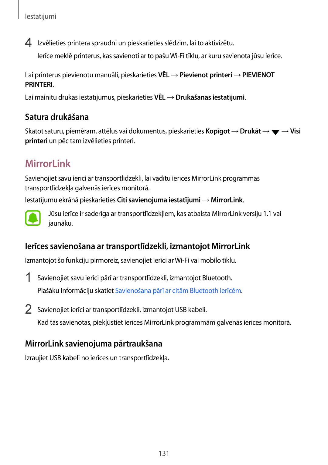 Samsung SM-G928FZDASEB, SM-G928FZKASEB, SM-G928FZKESEB manual Satura drukāšana, MirrorLink savienojuma pārtraukšana 
