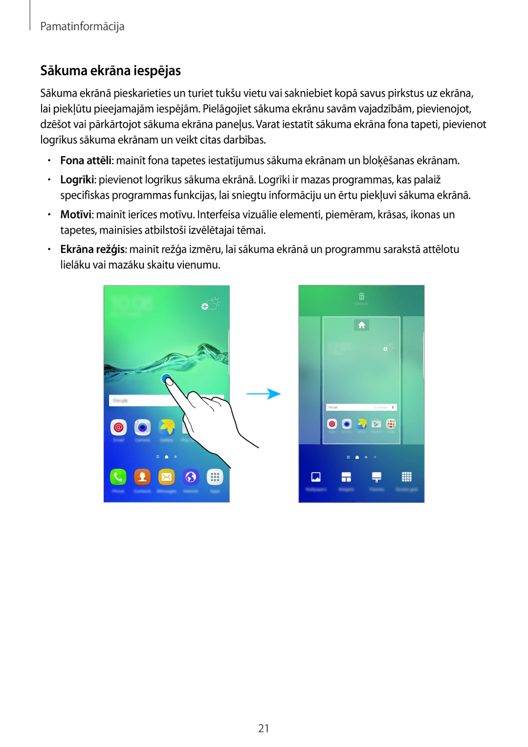 Samsung SM-G928FZDASEB, SM-G928FZKASEB, SM-G928FZKESEB, SM-G928FZSASEB, SM-G928FZDESEB manual Sākuma ekrāna iespējas 