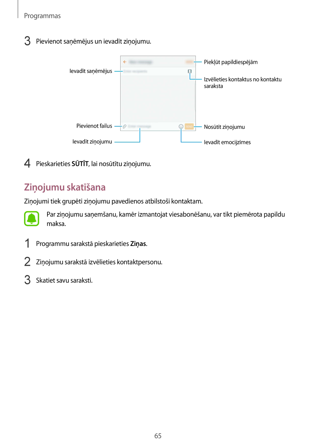 Samsung SM-G928FZKASEB, SM-G928FZDASEB, SM-G928FZKESEB manual Ziņojumu skatīšana, Pievienot saņēmējus un ievadīt ziņojumu 